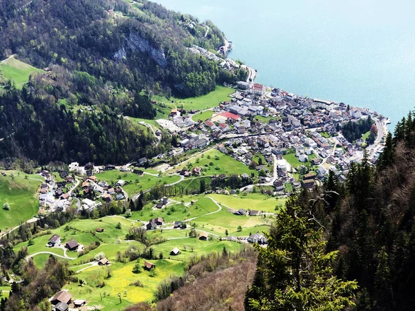 Gersau Település Megtekintése Luzerni Partján Vagy Vierwaldstaetersee Gersauerstock Kantonban Schwyz — Stock Fotó