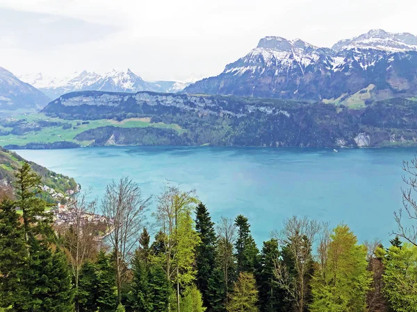 Θέα Στη Λίμνη Της Λουκέρνη Στις Ελβετικές Άλπεις Στο Παρασκήνιο — Φωτογραφία Αρχείου