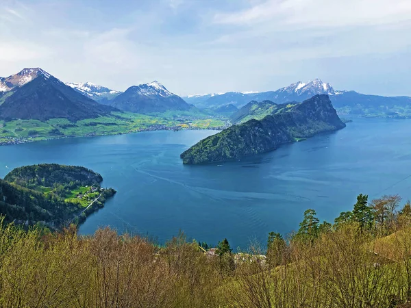 Isolated mountain Buergenberg or Burgenberg and the top of Buergenstock or Burgenstock surrounded by the Lucerne lake - Canton of Lucerne, Switzerland