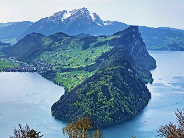 Isolated mountain Buergenberg or Burgenberg and the top of Buergenstock or Burgenstock surrounded by the Lucerne lake - Canton of Lucerne, Switzerland