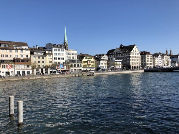 Old traditional houses and residential buildings along the river Limmat in the city of Zurich, Switzerland