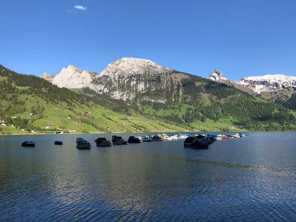 Perahu Danau Alpine Wagitalersee Atau Waegitalersee Innerthal Kanton Schwyz Swiss — Stok Foto