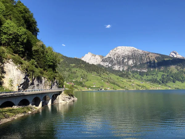 Diga Sul Lago Artificiale Alpino Wagitalersee Waegitalersee Innerthal Canton Svitto — Foto Stock