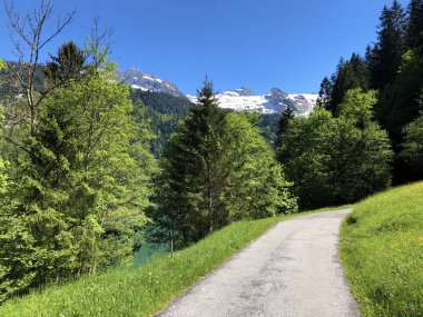 Yol ve Wagital vadisinde yürüyüş ve Wagitalersee veya Waegitalersee alp gölü, Innerthal - Schwyz Kantonu, İsviçre