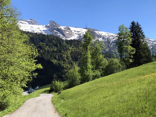 Road Walk Wagital Valley Wagitalersee Waegitalersee Alpine Lake Innerthal Canton — Stock Photo, Image