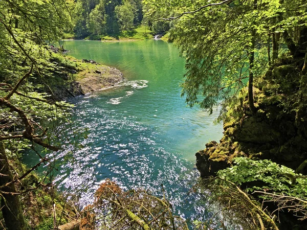 Grotta Sorgente Hundsloch Sul Lago Alpino Wagitalersee Waegitalersee Innerthal Canton — Foto Stock
