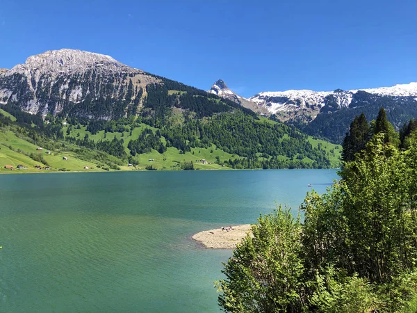 Montañas Schiberg Zindlenspitz Sobre Valle Wagital Waegital Alpine Lago Wagitalersee — Foto de Stock