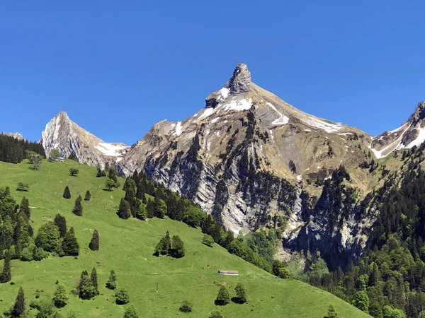 Rossalpelispitz Zindlenspitz Mountains Nad Údolím Wagital Alpský Jezero Wagitalersee Waegitalersee — Stock fotografie