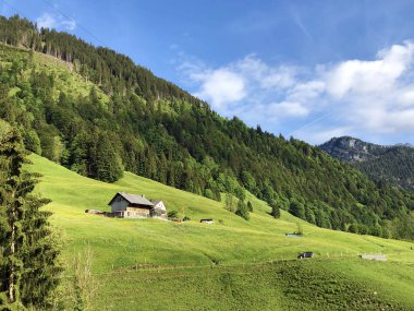 Geleneksel mimari ve tarım evi Wagital veya Waegital vadisinde ve alp wagitalersee (Waegitalersee), Innerthal - Katarakt Schwyz, İsviçre