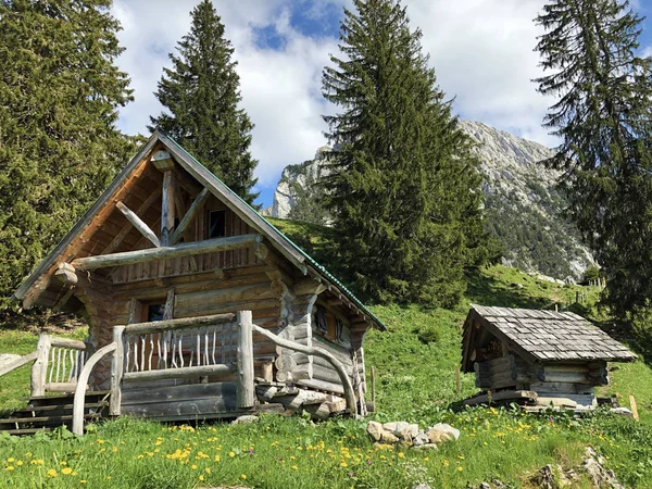 Tradycyjna Architektura Gospodarstwo Dolinie Wagital Lub Waegital Alpejskie Jezioro Wagitalersee — Zdjęcie stockowe