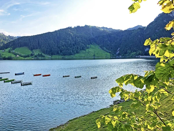 Barche Sul Lago Artificiale Alpino Wagitalersee Waegitalersee Innerthal Cantone Schwyz — Foto Stock