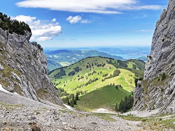 Hill Bruschstockbugel Brueschstockbuegel Nad Alpským Jezerem Wagitalersee Nebo Waegitalersee Innerthal — Stock fotografie
