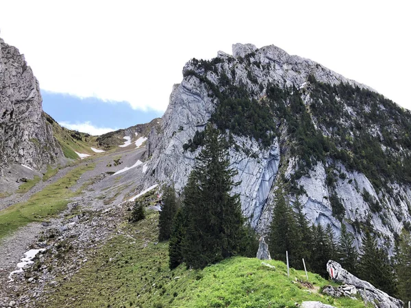 瓦吉塔尔山谷或瓦吉塔尔和瓦吉塔勒湖 瓦吉塔勒湖 上方的希伯格山 瑞士施维茨州 — 图库照片