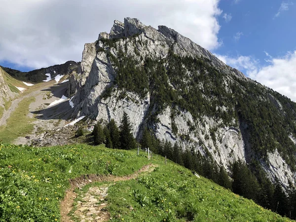 Muntele Schiberg Deasupra Văii Wagital Sau Waegital Lacului Alpin Wagitalersee — Fotografie, imagine de stoc