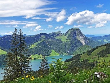 Brüt Aubrig ve Chli Aubrig Dağları vadi Wagital veya Waegital ve alp Gölü Wagitalersee (Waegitalersee), Innerthal - Karakt Schwyz, İsviçre üzerinde