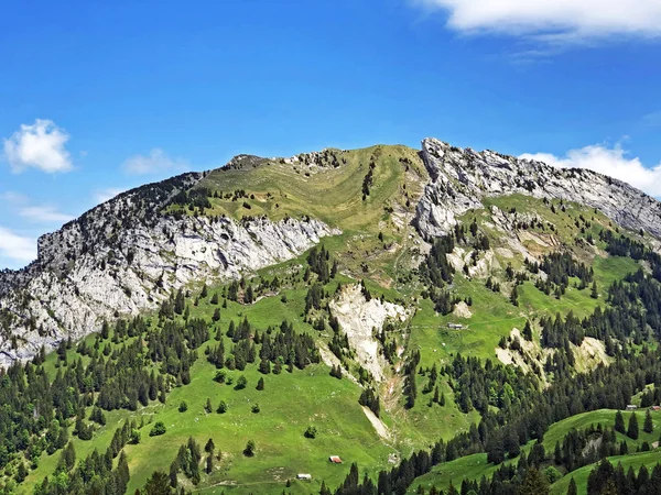 Chopfenberg veya Choepfenberg Dağı vadi Wagital veya Waegital ve alp Gölü Wagitalersee (Waegitalersee), Innerthal - Kandon Schwyz, İsviçre yukarıda