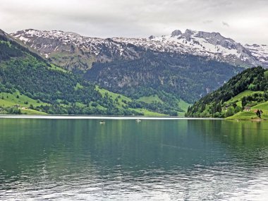 Wagital veya Waegital ve yapay dağ gölü Wagitalersee (Waegitalersee), Innerthal vadisi üzerinde karışık ormanlar ve karlı dağ zirveleri - Schwyz Kantonu, İsviçre