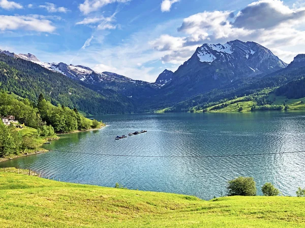 Montagnes Turner Diethelm Dessus Vallée Wagital Waegital Lac Alpin Wagitalersee — Photo