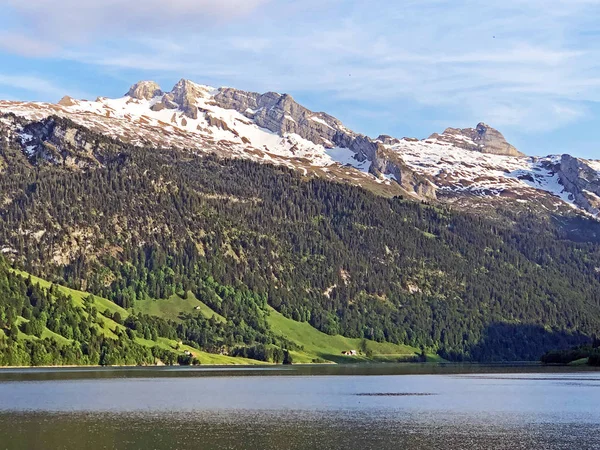 ワギタルまたはワギタルと人工山湖ワギタレルゼー Waegitalersee インナータール シュヴィーツ州 スイスの谷の上に混合森林と雪の高山のピーク — ストック写真