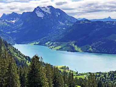 Alp gölü Wagitalersee (Waegitalersee), Wagital veya Waegital vadisi ve karlı zirveleri Turner ve Diethelm, Innerthal panoramik görünümü - Schwyz Kton, İsviçre