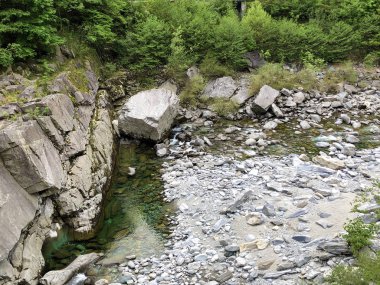 Maggia Vadisi'ndeki Maggia nehri veya Valle Maggia (Fluss Maggia im Maggiatal) - Ticino Kantonu, İsviçre