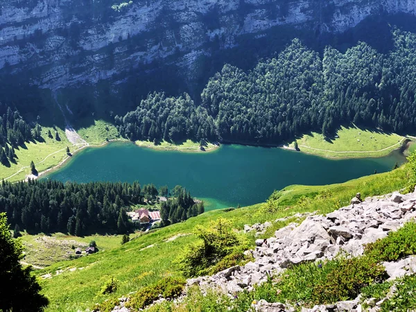 Lago Alpino Seealpsee Cordilheira Alpstein Região Appenzellerland Cantão Appenzell Innerrhoden — Fotografia de Stock
