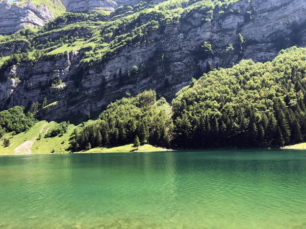 Lago Alpino Seealpsee Cordillera Alpstein Región Appenzellerland Cantón Appenzell Innerrhoden — Foto de Stock