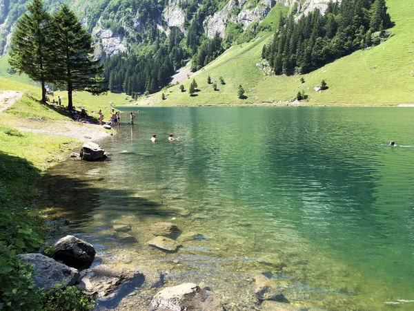 Lago Alpino Seealpsee Cordilheira Alpstein Região Appenzellerland Cantão Appenzell Innerrhoden — Fotografia de Stock