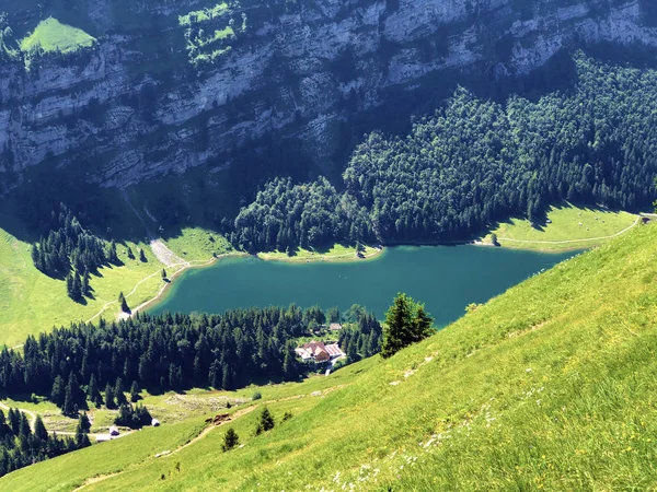 Lago Alpino Seealpsee Nella Catena Montuosa Alpstein Nella Regione Appenzellerland — Foto Stock
