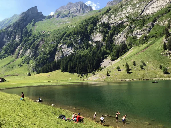 Lago Alpino Seealpsee Cordillera Alpstein Región Appenzellerland Cantón Appenzell Innerrhoden — Foto de Stock