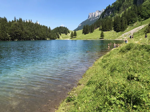 Lago Alpino Seealpsee Cordillera Alpstein Región Appenzellerland Cantón Appenzell Innerrhoden —  Fotos de Stock