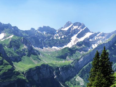 Alpstein sıradağlarının alp manzarası ve kayalık zirveleri - Appenzell Innerrhoden Kantonu (Ai), İsviçre