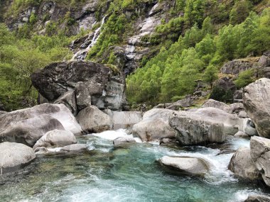 Bavona Vadisi'ndeki Bavona nehri veya Valle Bavona (Val Bavona veya Das Bavonatal), Cavergno - Ticino Kantonu, İsviçre
