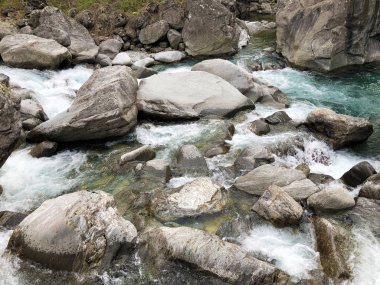 Bavona Vadisi'ndeki Bavona nehri veya Valle Bavona (Val Bavona veya Das Bavonatal), Cavergno - Ticino Kantonu, İsviçre