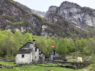 Alnedo mezrasında geleneksel mimari ve eski evler (Bavona Vadisi veya Valle Bavona, Val Bavona veya Das Bavonatal) - Ticino, İsviçre Kanton