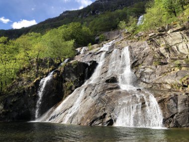 Waterfall Cascata Delle sponde veya Wasserfall Cascata Delle sponde, Riveo (Maggia Vadisi veya Valle Maggia veya Maggiatal)-Ticino, Isviçre