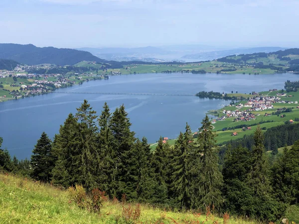 Sztuczne Jezioro Sihlsee Lub Stausee Sihlsee Willerzell Kanton Schwyz Szwajcaria — Zdjęcie stockowe