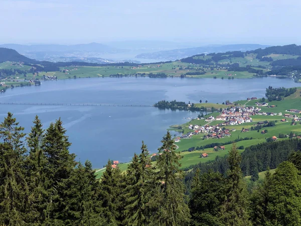 Sztuczne Jezioro Sihlsee Lub Stausee Sihlsee Willerzell Kanton Schwyz Szwajcaria — Zdjęcie stockowe