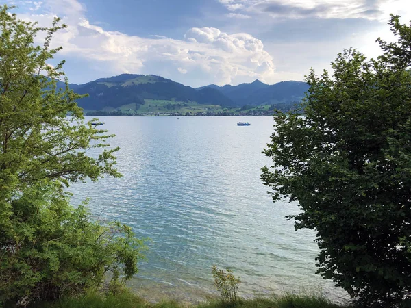 Sztuczne Jezioro Sihlsee Lub Stausee Sihlsee Willerzell Kanton Schwyz Szwajcaria — Zdjęcie stockowe