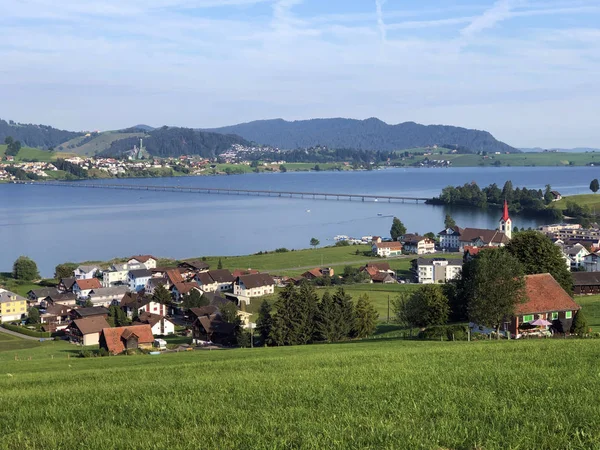 Dorp Willerzell Aan Oever Van Het Kunstmatige Meer Sihlsee Kanton — Stockfoto