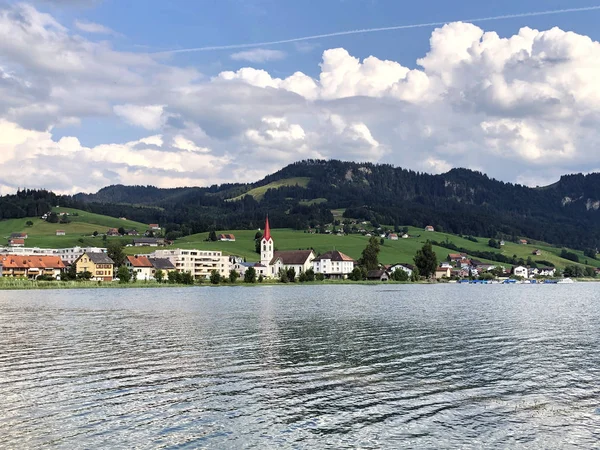 Village Willerzell Margem Lago Artificial Sihlsee Cantão Schwyz Suíça — Fotografia de Stock