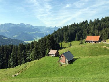 Sihlsee Gölü vadisinde geleneksel mimari ve çiftlik evi, Willerzell-Schwyz Kantonu, Isviçre