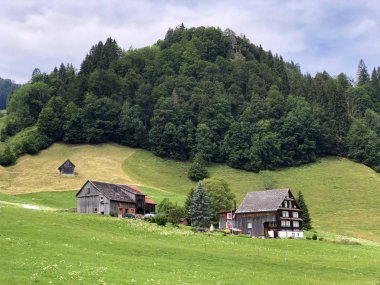 Sihlsee Gölü Vadisi 'nde geleneksel mimari ve çiftlik evi, Gross-Schwyz Kantonu, Isviçre
