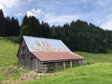 Sihlsee Gölü Vadisi 'nde geleneksel mimari ve çiftlik evi, Gross-Schwyz Kantonu, Isviçre