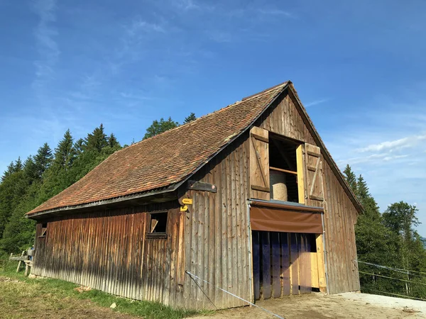 Tradycyjna Architektura Gospodarstwo Dolinie Jeziora Sihlsee Willerzell Kanton Schwyz Szwajcaria — Zdjęcie stockowe