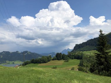 Sihltal vadisindeki alp çayırları ve çimenlik ve yapay Sihlsee Gölü, Einsiedeln-Schwyz Kantonu, Isviçre