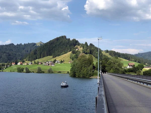 人工湖シルゼー アインシエーデルン上の橋 シュヴィーツ州 スイス — ストック写真