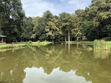 Pejacevic kale veya Umjetno jezero (ribnjak) u perivoju dvorca Pejaceviç parkında yapay göl (gölet) - Nasice, Hırvatistan