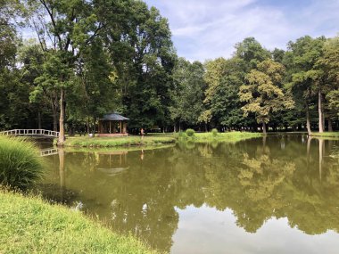 Pejacevic kale veya Umjetno jezero (ribnjak) u perivoju dvorca Pejaceviç parkında yapay göl (gölet) - Nasice, Hırvatistan