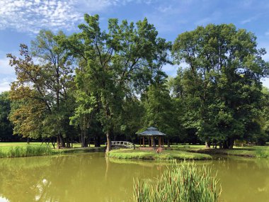 Pejacevic kale veya Umjetno jezero (ribnjak) u perivoju dvorca Pejaceviç parkında yapay göl (gölet) - Nasice, Hırvatistan